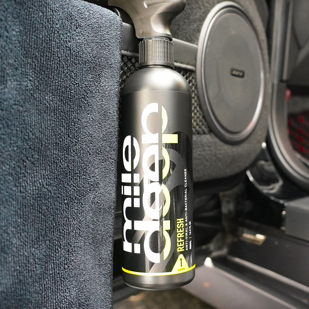 Refresh anti-viral & anti-bacterial car cleaner and cloth attached car interiors.